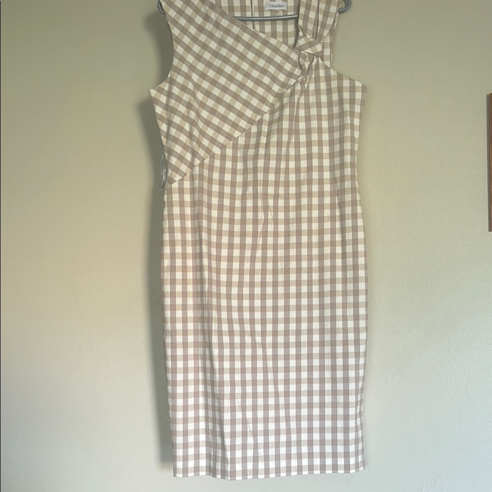 Calvin Klein Tan and White Asymmetrical Pleated Wrap Dress